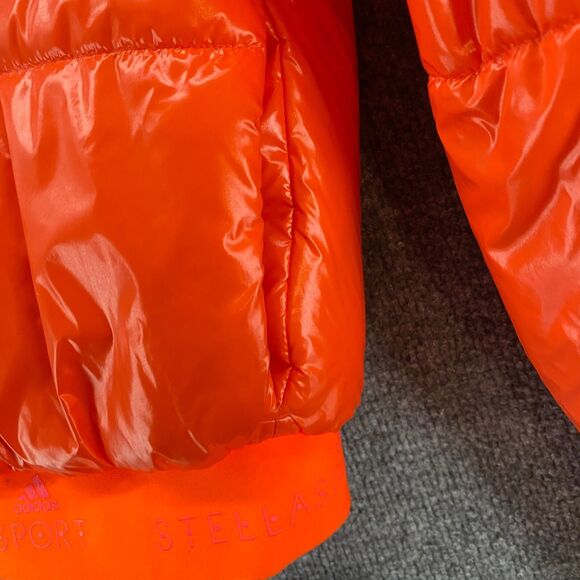 Stella McCartney Adidas Puffer Jacket Womens L Orange Shiny Full Zip Hoodie Coat - Picture 3 of 9